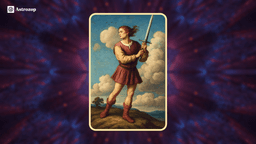 Page of Swords tarot card showing a young figure holding a sword upright