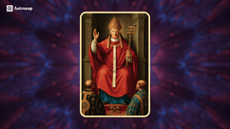 Hierophant tarot card showing a spiritual teacher seated between two pillars, blessing two followers