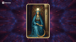 High Priestess tarot card showing a serene woman seated between black and white pillars