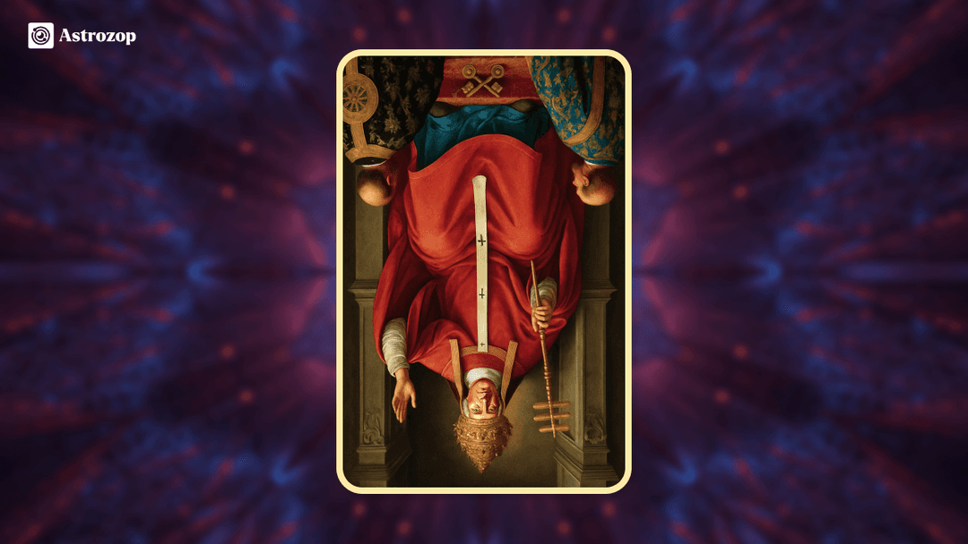 Reversed Hierophant tarot card showing a flipped image of the spiritual figure