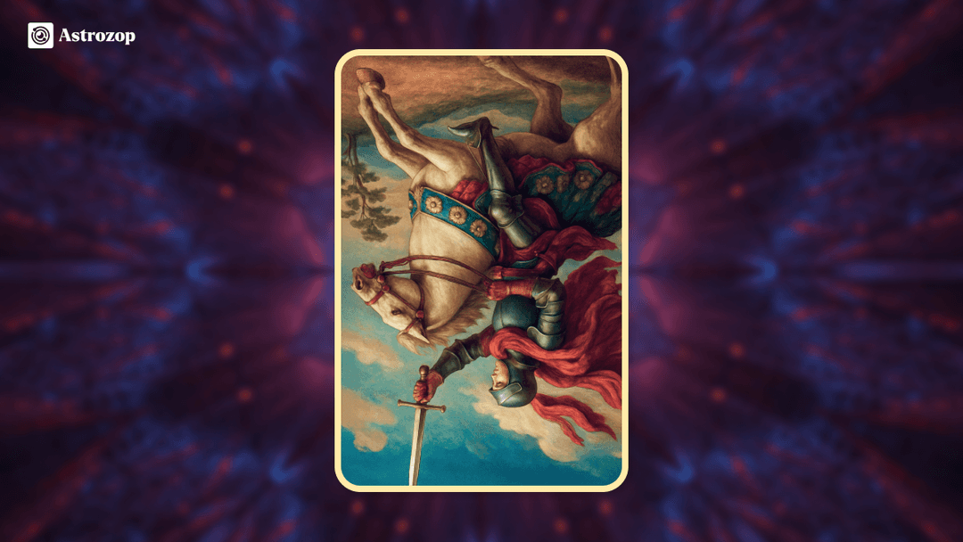 Reversed Knight of Swords tarot card showing an impulsive knight charging recklessly